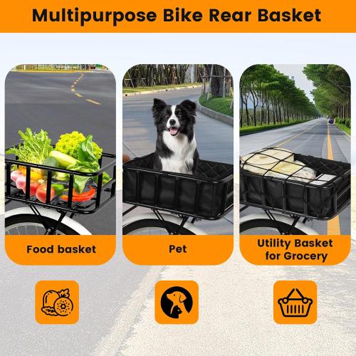 Bike Basket Rear, Large Bicycle Basket with Cargo Net, Liner and Waterproof Cover for Electirc Bike, Ebike and Bikes, Large Capacity Wire Bakset