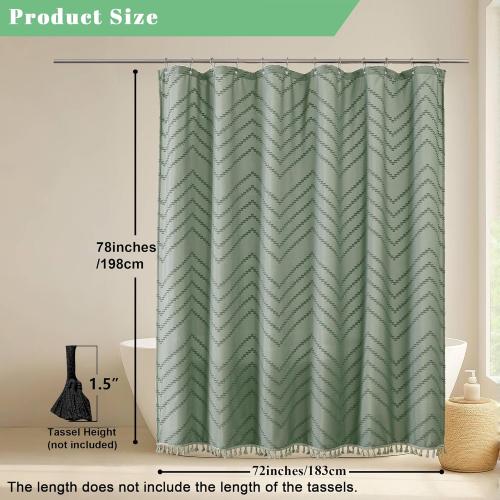 OWENIE Sage Green Fabric Shower Curtain, Boho Shower Curtains for Bathroom Chic Tufted Chevron Striped Textured with Tassel, Soft Hotel Style Farmhouse, Machine Washable, 72x78, Sage Green
