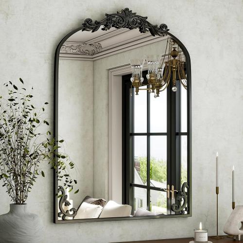 Black 36x 28 Arched Bathroom Mirror, Wall-Mounted Mirror with Carved Metal Frame & Bottom Art Carved, Vanity Mirror for Home Decor, Hanging Wall Mirror with Baroque Ornate Carved Accents, Vintage Black