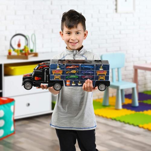 Toy Truck Car Carrier - Includes 6 Toy Cars and Accessories, Fits 28 Toy Car Slots - Great Gift for Boys and Girls - Original - By Play22