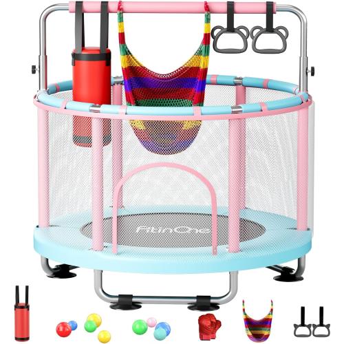 55 Toddler Mini Trampoline for Kids, Indoor Outdoor Toys with Swing, 440lbs Baby Kids Trampoline, Gymnastics Bar, Birthday Gifts for Boy Girl Age 1-8