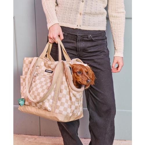 Cleverpup Transit Tote Dog Carrier 4-Piece Set - Premium Lightweight Pet Travel Bag with Plush Teddy Insert, Food Pouch, Air Mesh Opening, Water-Resistant Base & Safety Tether - Medium Checkerboard