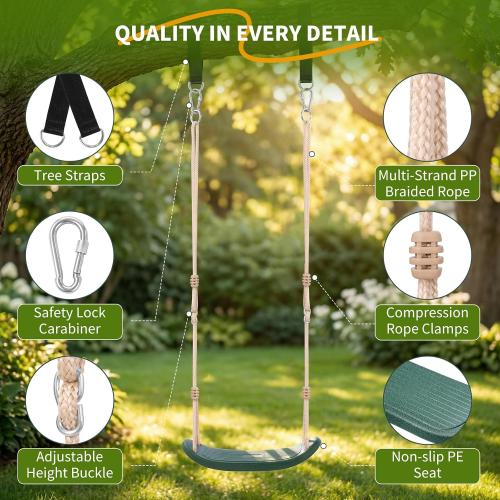 Weatherproof Swing Seat Heavy Duty with 70 Rope Support 264lb | Playground Swing Set Replacement for Kid Outdoor Backyard, Non-Slip & Ergonomic, Straps & Carabiners, Adjustable Rope, Green