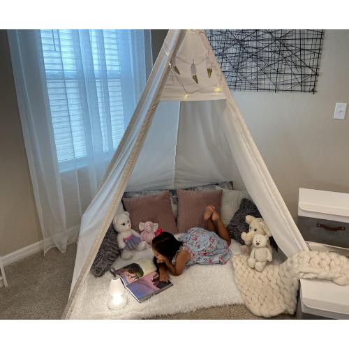 White 7' Large Teepee Tent for Adults, Play Tent with Carry Bag, 5 Sides Canvas Kids Teepee Tent Indoor & Outdoor Tents for Party, Wedding, Photo Prop, White