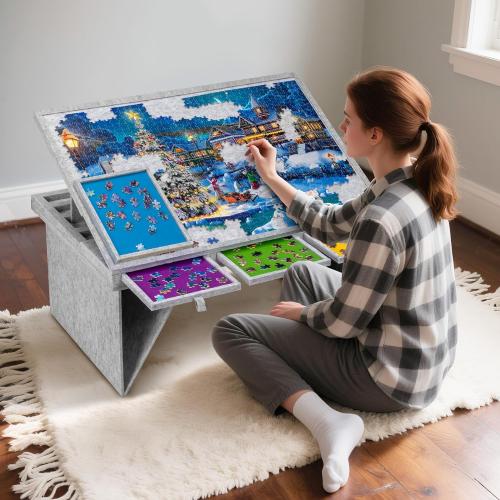 Becko US 1000 Piece Jigsaw Puzzle Table with 4 Drawers & Cover, Tilting Puzzle Board with Foldable Legs & 3 Tilt Angles, Lightweight & Portable Tables for Adults, for 1000 Piece Puzzles