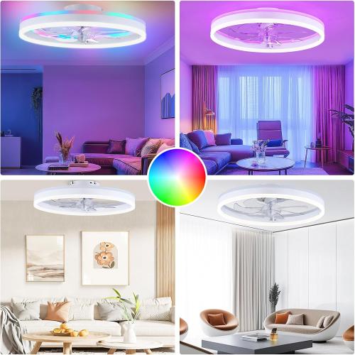 Size 20 Color White RGB Ceiling Fans with Lights, 20 Fandelier Low Profile Ceiling Fan with Light, Modern Flush Mount Ceiling Fan Light with Remote/APP Control, Bedroom Chandelier Fan Fixture for Indoor(White)