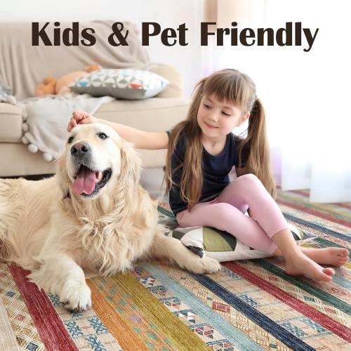 8x10 Washable Area Rug: Moroccan Large Neutral Boho Area Rug for Living Room & Bedroom Geometric Non-Slip Farmhouse Carpet for Living Room Red&Blue Colourful 8'x10'.