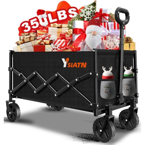 Color Black Collapsible Wagon Cart Foldable with 350lbs Weight Capacity, Lightweight Utility Shopping Cart with Wheels, Folding Grocery Wagon Carts Portable for Beach Garden Sports and Camping, Black