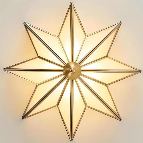 LIGHTLAND 19.7 Inch Flush Mount Star Ceiling Light, 4 Lights Brass Ceiling Lamp with Glass Lampshade, Art Deco Close to Ceiling Light Fixtures for Bedroom Living Room Entryway Hallway, Gold