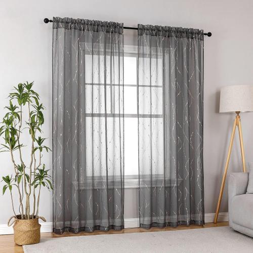 SMILE WEAVER Grey Sheer Curtains 84 Inch Long for Living Room,Privacy & Light Filtering Semi Sheer Curtain with Star Print Design,Lightweight Voile Transparent Bedroom Window Drapes,2 Panels