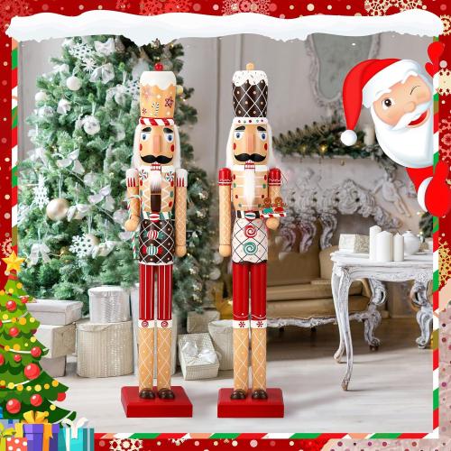 2 Pcs 32 Inch Large Christmas Nutcracker Outdoor Decoration Giant Xmas Wooden Nutcracker Figures Yard Sign Collectible for Porch Fireplace Indoor Outdoor Decorations(Gingerbread)