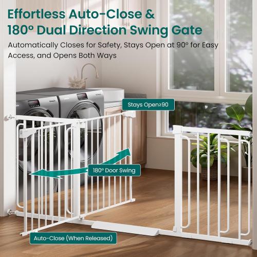 Cumbor Extra Wide Baby Gate, 36.6-69 Walk-Through Dog Gate for Stairs, Doorways & Hallways, 30.5“ Tall, Auto-Close & Dual-Swing Safety Child Gate Indoor, Easy Install Pressure-Mounted Pet Gate, White
