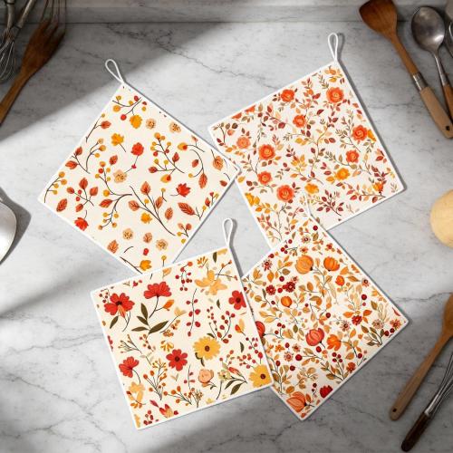 Kitchen Dish Cloths,4-Pack Reusable Soft Dishcloths with Hanging Loop,11.8×11.8in Kitchen Towels,Microfiber Hand Towels,Home Decoration,for Housewarming Gifts-Autumn Floral