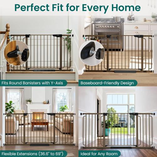 Cumbor Extra Wide Baby Gate, 36.6-69 Walk-Through Dog Gate for Stairs, Doorways & Hallways, 30.5“ Tall, Auto-Close & Dual-Swing Safety Child Gate Indoor, Easy Install Pressure-Mounted Pet Gate, Brown
