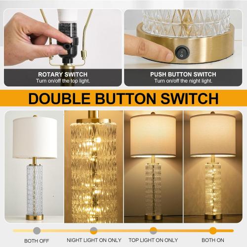 Oneach 27.75” Table Lamps Set of 2, Gold Modern Bedside Lamp with LED Night Light, USB A C, Glass Lamps for Living Room, Bedroom, Nightstand, Office, End Table (2 Bulbs Included)