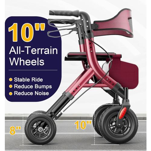 HOMLAND Foldable Rollator Walkers for Seniors with Seat, 10 All-Terrain Wheels & Curb Climber, 16.4 lb Lightweight Walker with Lockable Brakes, 300 lbs Capacity, Burgundy
