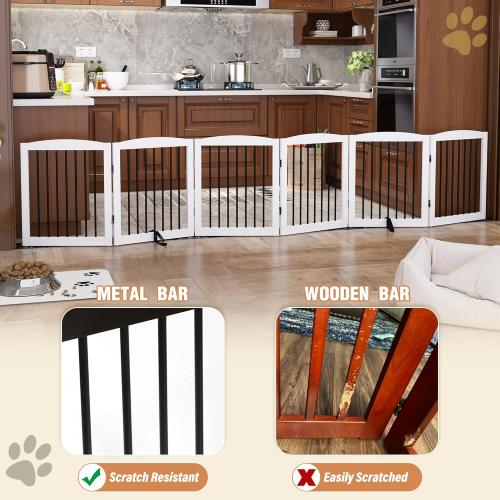Freestanding Pet Gate for Dogs, Foldable Wooden Dog Gate for House, Extra Wide Indoor Pet Barrier for Stair, Doorway, Hall, Support Feet Included, 120 Inch Wide, 6 Panels 24, White