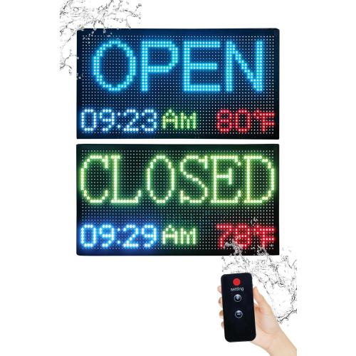20x11 Inch Open Sign LED with Remote, Digital Clock & Temperature - Customizable Business Hours for Stores, Restaurants - Weatherproof