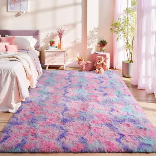 LOCHAS Luxury Fluffy Rainbow Area Rug for Girls Bedroom 4x6, Soft Fuzzy Kids Rugs for Bedroom Boys Playroom, Cute Colorful Tie Dye Princess Carpet for Nursery Living Room Home Decor, Pink/Purple