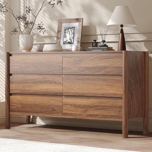 CHUWELL Walnut 6 Drawers Dresser for Bedroom, 47.2 Wide Mid Century Modern Chest of Drawers with 4 Solid Wood Cylindrical Legs and Large Storage Space, Large Dresser for Bedroom (No test)