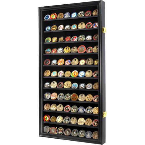 DisplayGifts Military Challenge Coin Display Case Poker Chips Holder Wall Cabinet Rack 29 X 16 Compatible with Army Navy Air Force Marine Corps Challenge Coins