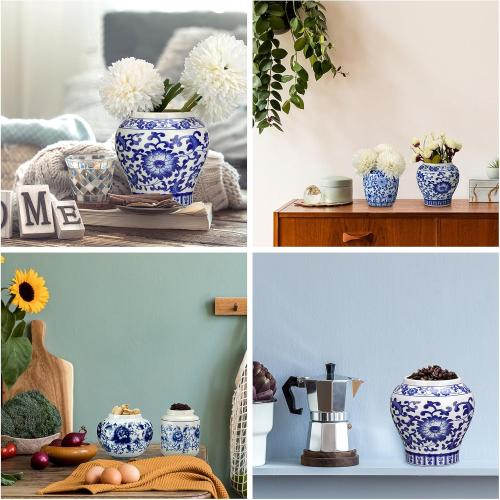 4 Pcs Small Blue and White Vase Ceramic Small Ginger Jar with Lid Porcelain Vases Chinoiserie Decor Chinese Ginger Jars for Home Bedroom Tabletop Decor Table Accent Shelf (Classic Style)