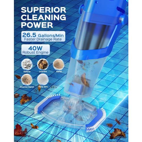 Cordless Handheld Pool Vacuum Cleaner with Telescopic Pole, 26.5 GPM Powerful Suction, Longer 1H Runtime, Portable Pool Vacuums for Above Ground/Inground Pools, Hot Tubs, Spas