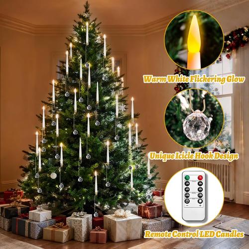 Christmas Tree Candles with Remote, 12 Pack Flameless LED Candles for Xmas Tree Decoration, Battery Operated Flickering Taper Candles with Timer, Warm White Lights for Holiday with Crystal Ball Hooks