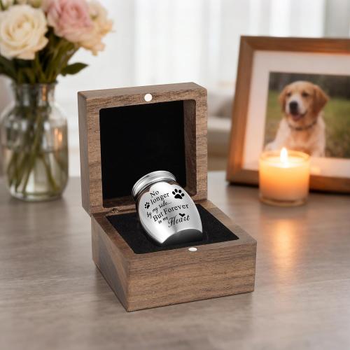 XIUDA Wooden Mini Pet Memorial Small Urns for Dog Ashes Stainless Steel Cremation Mini Urn with Black Walunt Box Funeral Pet Paw Print Keepsake Urn for Ashes