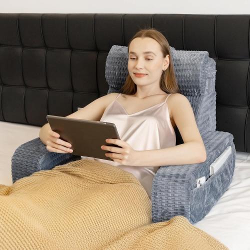 Color Grey Selectico Reading Pillow for Bed, Back Pillow for Bed Sitting up, Big Pockets & Built-in Arms, Backrest Cushion, Wedge Support for Reclining/Reading/Resting/Watching TV, Washable Cover, Grey