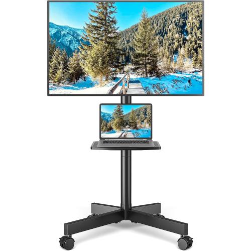 Rolling TV Stand with Shelf for 23-65 inch TVs up to 88lbs, Portable Mobile TV Cart with Silent Wheel, Tilt & Height Adjustable Universal Corner TV Stand for Bedroom, Living Room, Office