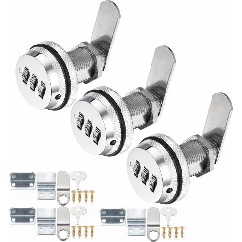 3 Pack Combination Cabinet Cam Lock with 1-1/8'' Cylinder and Chrome Finish, Security Combi-Cam Lock for Cabinet Filing Drawers Mailbox, Silver