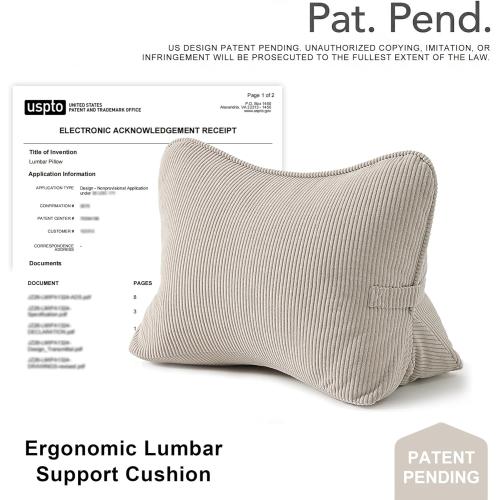 Pat. Pend. Corduroy Lumbar Support Back Pillow for Watching TV, Reading & Gaming, Ergonomic Triangle Support Cushion for Sofa, Armchair & Bed Sitting, Removable Washable Cover, Beige Gray