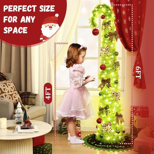 NatuBeau 6FT Lime Green Pop Up Christmas Tree with 150 LED Lights & Remote, Collpsible Bendable Whimsical Christmas Tree with Ball Ornaments Bows for Indoor Outdoor Home Decor