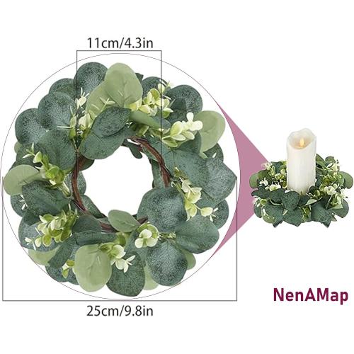 20 Pcs Artificial Eucalyptus Candle Rings, Boho Wedding Candle Holder Wreaths with Green Leaves, Decorative Pillar Candle Rings for Centerpieces and Home Decor