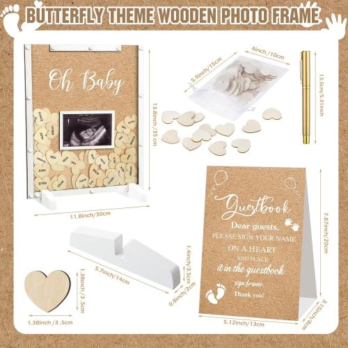 Thyle 65 Pcs Baby Shower Guest Book Alternative He or She Gender Reveal Baby Shower Favors Baby Shower Sign in Guest Book with 60 Wooden Hearts Baby Shower Picture Frame Birthday Decor(Kraft)
