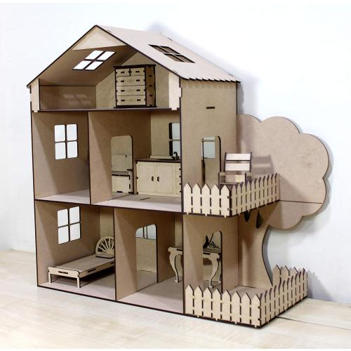 StonKraft Wooden 3D Puzzle Doll House - Home Decor, Construction Toy, Modeling Kit, School Project - Easy to Assemble (Doll House with Furniture)