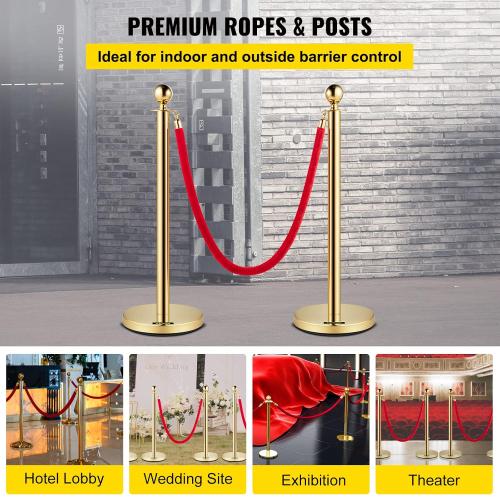 VEVOR Stanchions and Velvet Ropes 4Pcs, Solid Base with Stainless Steel Post, 5ft Red Velvet Ropes and Posts, Crowd Control Barriers Gold Stanchions, Red Carpet Runner Poles for Party Supplies