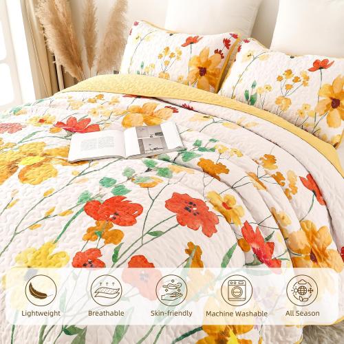 Anibedding Quilt Set Queen Size, Yellow Floral Reversible Bedspread Soft Microfiber Lightweight Queen Size Quilt Bedding Sets Reversible Coverlet for All Season(Queen, 96x90)