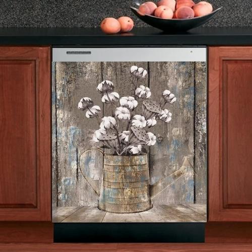 Vintage Wood Dishwasher Cover Kitchen Decorative,Rustic Wooden Dishwasher Magnet Cover Decor Cotton Flower Sticker,Retro Farm Floral Dishwasher Decal Home Appliance Panel Stickers 23x26