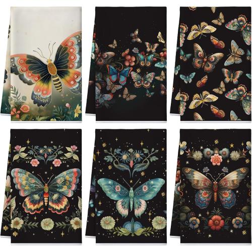 Bencailor 6 Pcs Retro Kitchen Towels 15.7 x 23.6 Inch Farmhouse Vintage Hand Towels Decorative Absorbent Dish Cloth for Bathroom Decor for Cooking Baking Cleaning(Colorful,Butterfly)