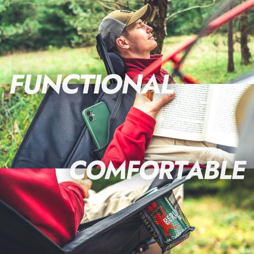 Dowinx Oversized Rocking Camping Chair, Fully Padded Patio Chair with Side Pocket and Carry Bag, High Back Portable Lawn Recliner with Headrest, Support 300 lbs, Black