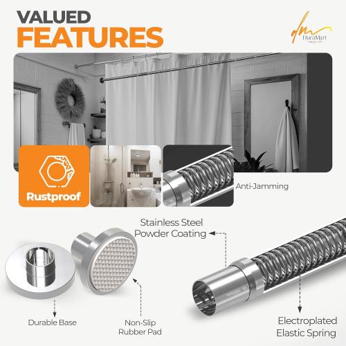 Silver Shower Curtain Rod Spring Tension, Stainless Steel Tension Curtain Rods No Drilling Required, Rust Free Shower Rods for Bathroom, Non-Slip Shower Tension Rod, Adjustable Curtain Rod (28” - 74”)