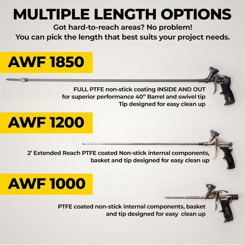 AWF PRO Spray Foam Gun 40 Long Nozzle, High Precision, Adjustable Flow Control, Adjustable Swivel Tip, Contractor-Grade Pro Applicator for Insulating Foam Sealant