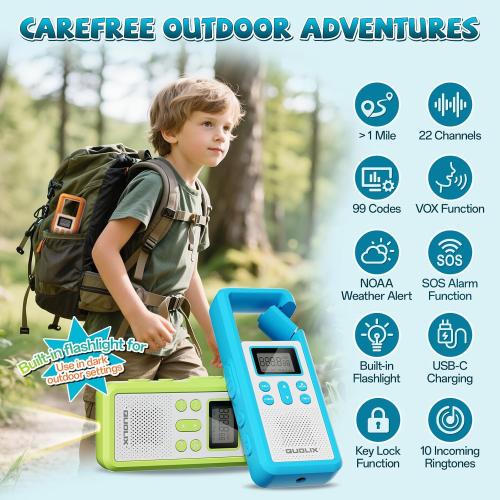 Pink and Blue 2 Pack QUOLIX Walkie Talkies for Kids Rechargeable, Kids Walkie Talkies with NOAA & VOX, 1020mAh Battery Toys for 3-12 Year Old Boys Girls, Durable Outdoor Gift for Camping, Hiking, Backyard Games (2 Pack)