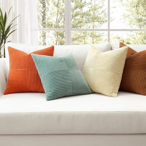 OTOSTAR Set of 4 Decorative Throw Pillow Covers Soft Striped Corduroy Boho Square Pillow Cases Fall Mix and Match Home Decor for Sofa Couch Living Room Bedroom Farmhouse 22x22 Inch, Orange Teal