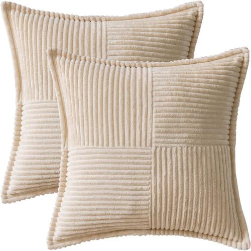 MIULEE Decorative Throw Pillow Covers for Couch Bed Livingroom 16x16 Inch Set of 2 Beige Boho Accent Throw Pllows Broadside Striped Patchwork Soft Corduroy Pillowcases