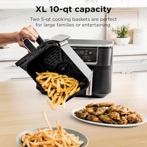 Ninja DZ550 Foodi 10 Quart 6-in-1 DualZone Smart XL Air Fryer with 2 Independent Baskets, Smart Cook Thermometer for Perfect Doneness, Match Cook & Smart Finish to Roast, Dehydrate & More, BLACK