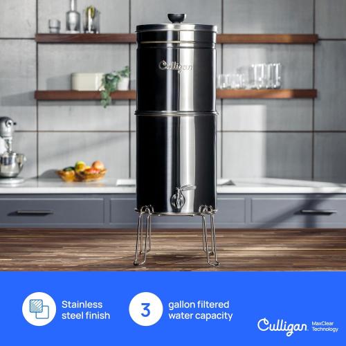 Culligan MaxClear 3 Gallon Gravity Water Filter System, Brushed Stainless-Steel Countertop Water Filter NSF/ANSI Certified to Reduce Microplastics, Lead & Total PFAS, with 3 Ceramic Filters