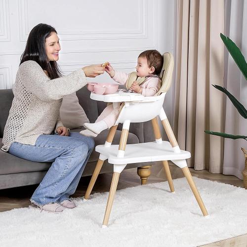 Beige 6 in 1 High Chair for Babies & Toddlers, Convertible Wooden Baby Highchair, Table and Chair Set, Baby Feeding Chair, 5-Point Adjustable Harness/4-Position Removable Tray& PU Seat Cushion